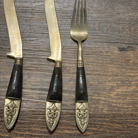 Vintage 12 Pieces MCM Siam Thailand Bronze Rose Wood Brass Tone Flatware - Picture 4 of 7